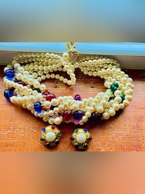 Vintage Richelieu 7 Strand Torsade Choker & Earring Set Runway High Fashion